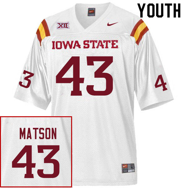 Youth #43 Caden Matson Iowa State Cyclones College Football Jerseys Sale-White - Click Image to Close